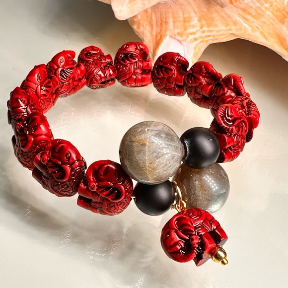 LABRADORITE + CINNABAR NATURAL CUFF BRACELET size 7” - Picture 5 of 13